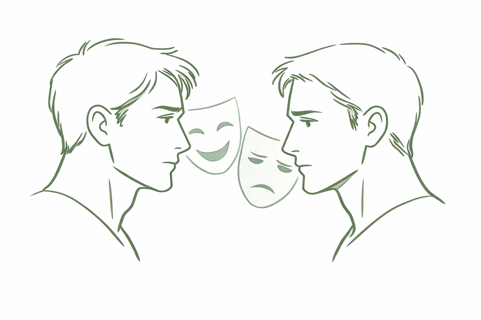 Gay couple with theatrical masks symbolizing performance versus authenticity in MM romance