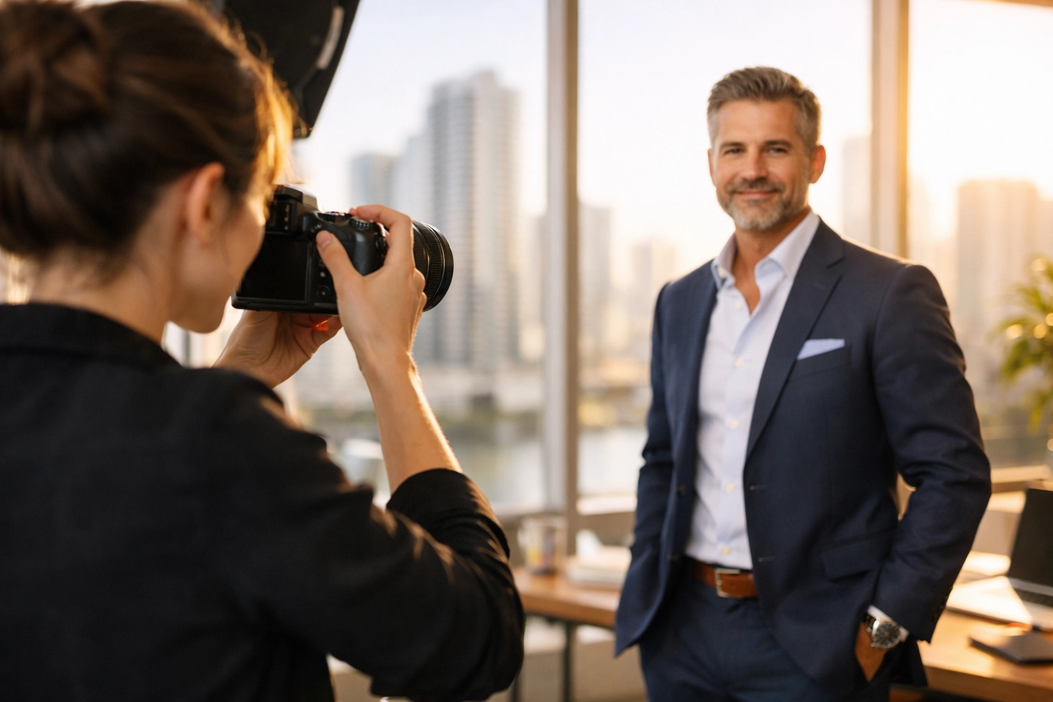 Professional photographer shooting a corporate portrait in a bright Miami office for personal branding.