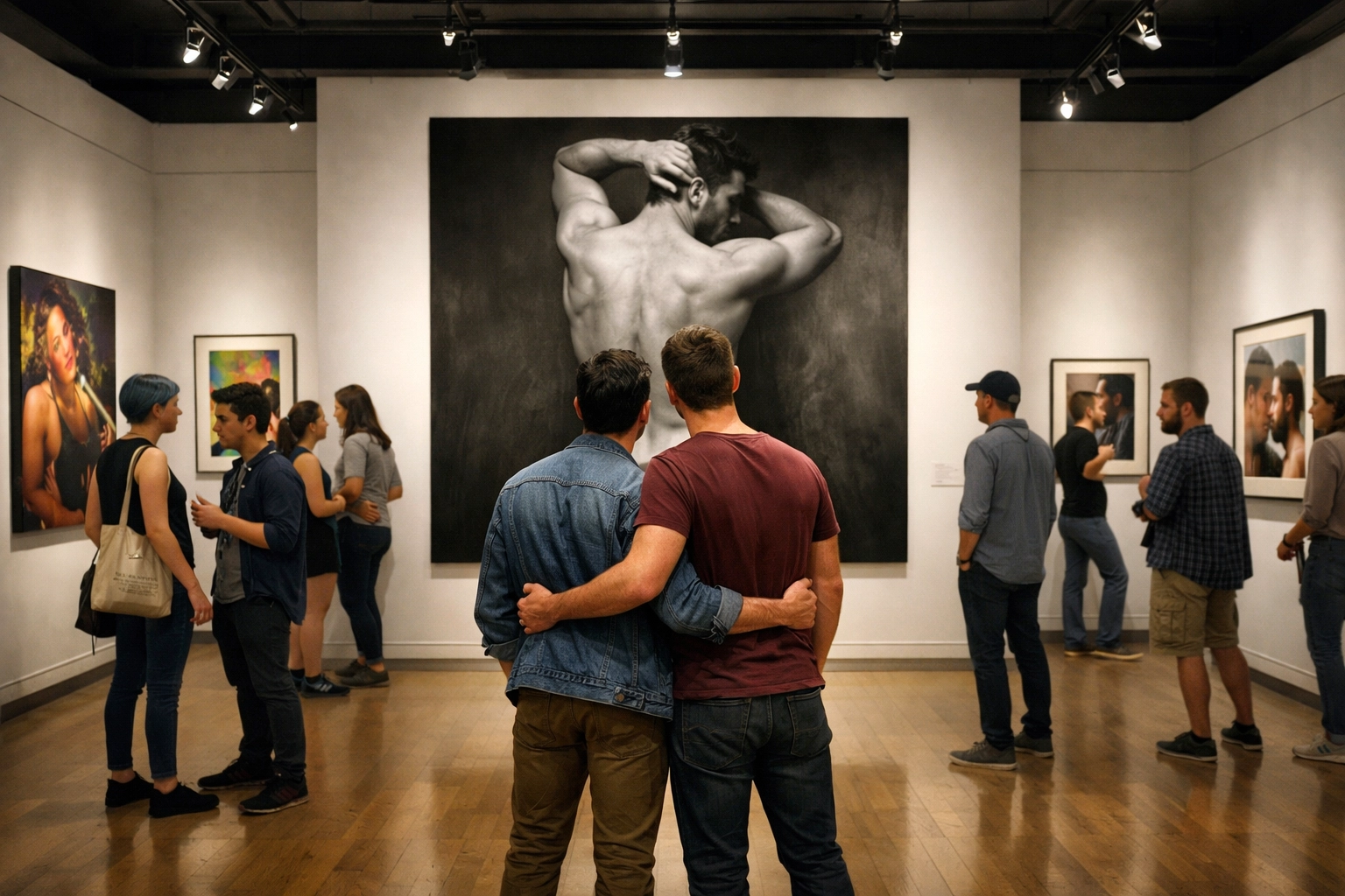 Gay couple viewing a large-scale nude portrait in an art gallery, highlighting the power of queer artistic expression.