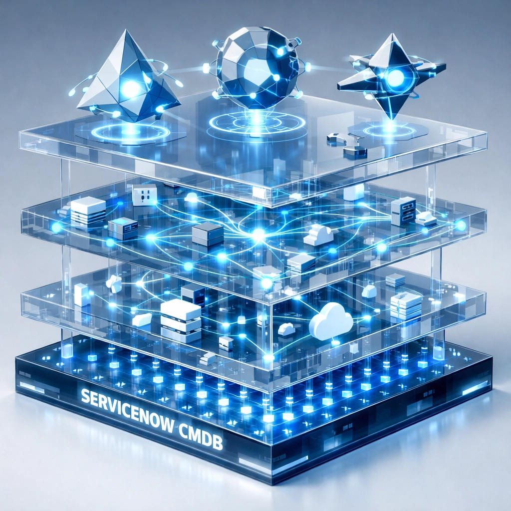 ServiceNow CMDB architecture with AI-driven ITOM and ITAM integration layers