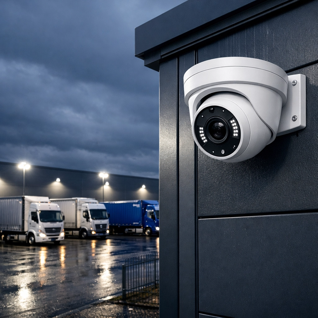 Commercial CCTV camera installation on a Bridgwater warehouse overlooking a secure loading bay and lorries.