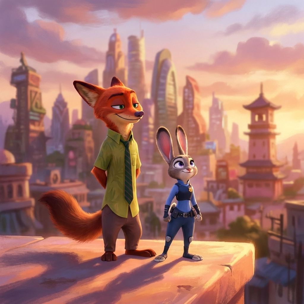 Nick and Judy overlooking Zootopia city in Disney's Zootopia 2 Christian movie review