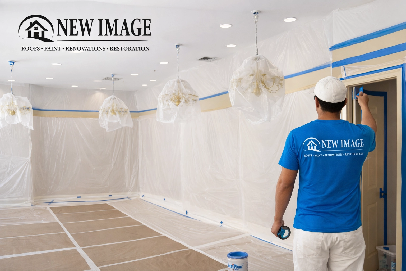 Professional painter applying blue tape to protect hardwood floors during interior paint preparation. A professional New Image Painting crew member in an electronic blue work shirt featuring the New Image logo with white background. The crew member is meticulously applying painter's tape and plastic sheeting to protect a hardwood floor and baseboards, with the New Image logo placed in the top left corner of the image. The workspace is clean, protected, and uncluttered.