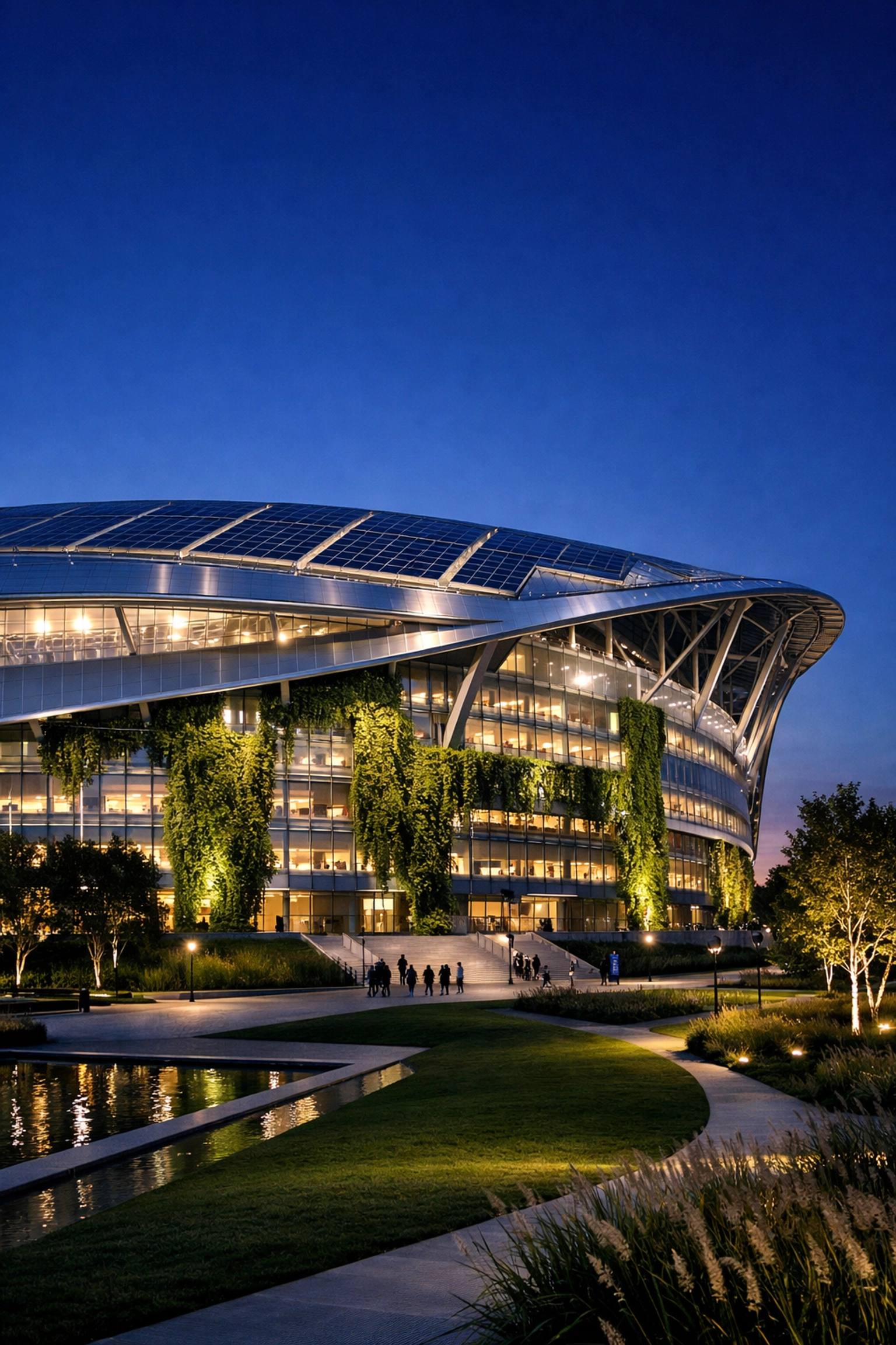 Modern sustainable sports stadium at dusk featuring solar panels and green architecture for ESG initiatives.