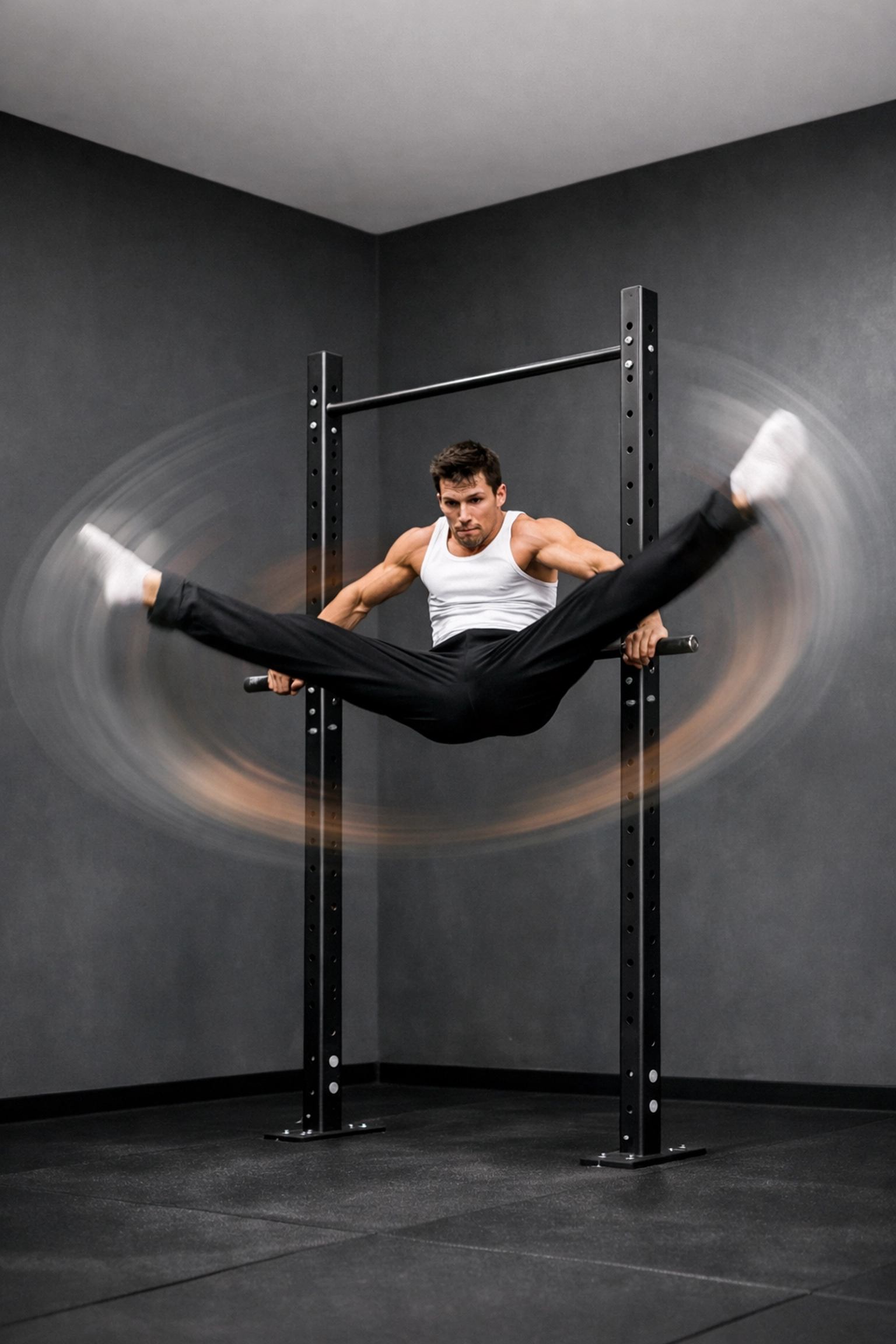 Gymnast practicing explosive leg movements on a vertical rail system with ample swing space.