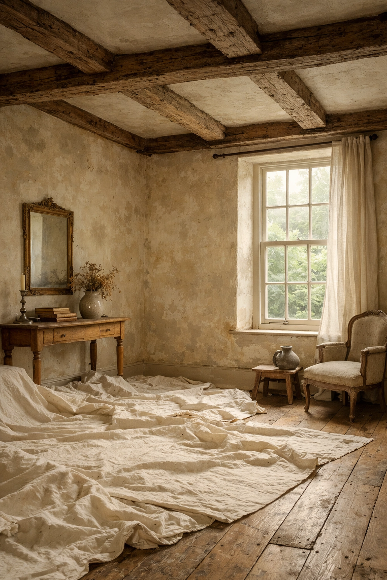 Protected period property interior with original plasterwork and timber beams in Cotswolds home