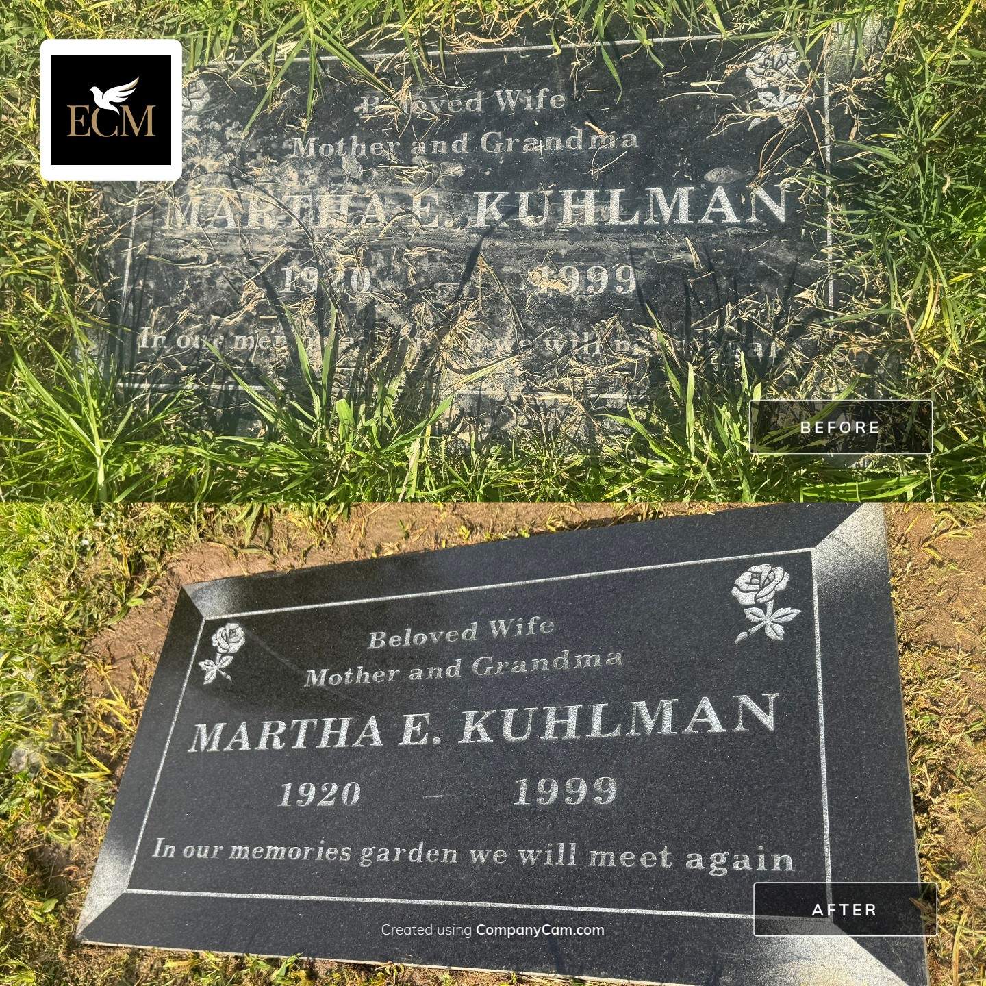 Before and After Comparison of Martha E. Kuhlman Headstone