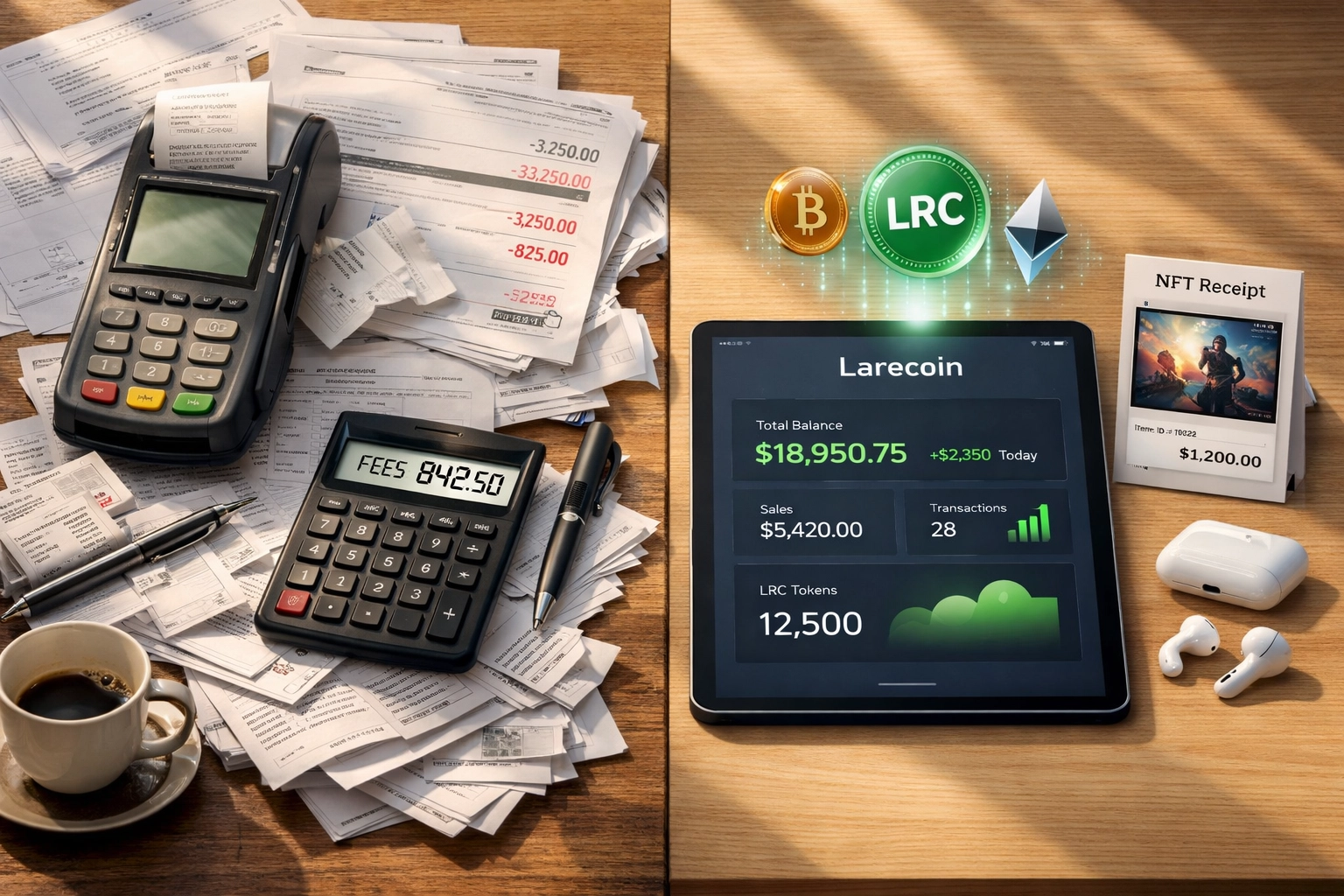 Merchant desk comparison showing traditional payment fees vs Larecoin's reduced cost dashboard