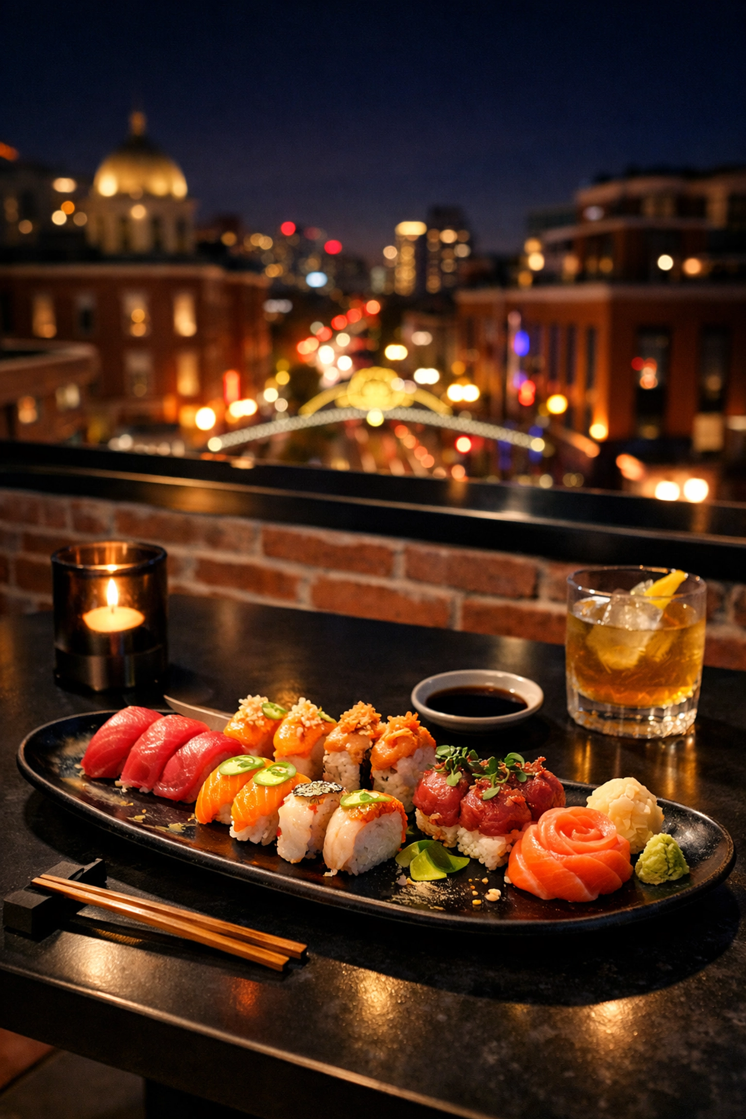 Contemporary sushi at Lumi rooftop, offering a romantic urban view for a Gaslamp Quarter date night.