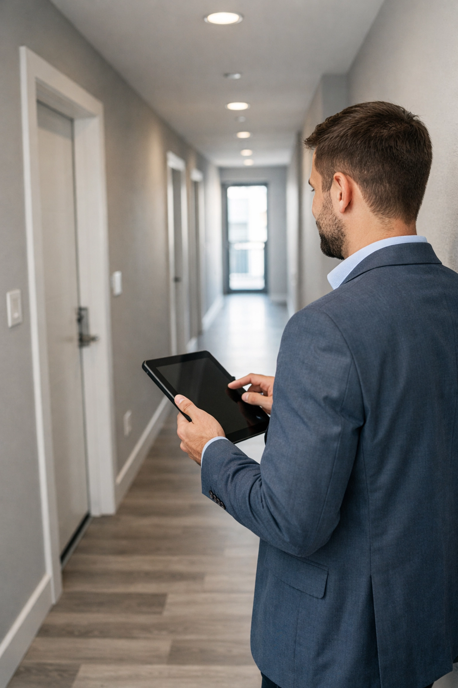 Property manager conducting hallway inspection with digital tracking device