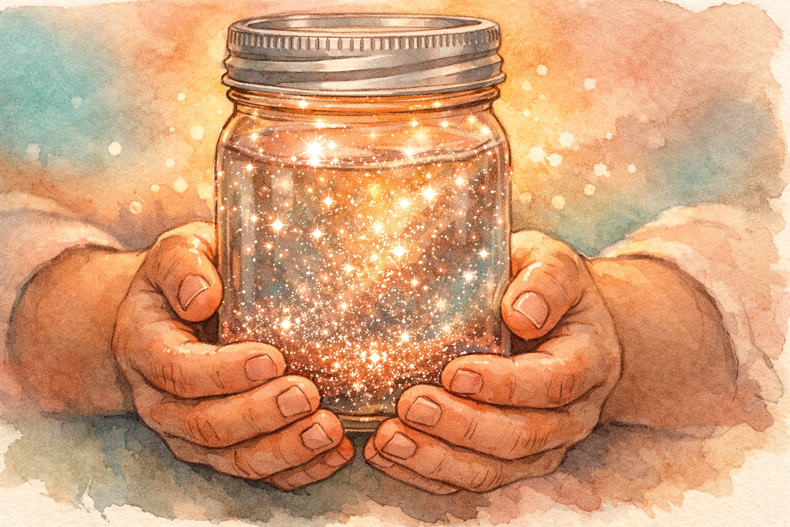 A child's hands holding a sparkling peace jar with settling glitter, used for a calming Christian family activity.