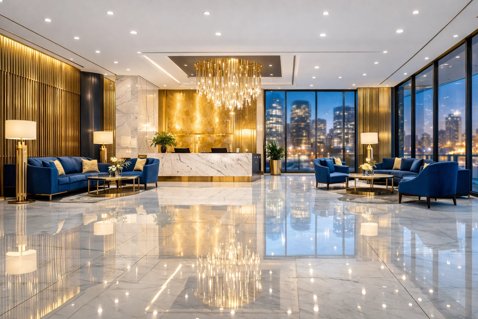 Pristine commercial lobby in Boston showing the results of professional post-construction cleaning.