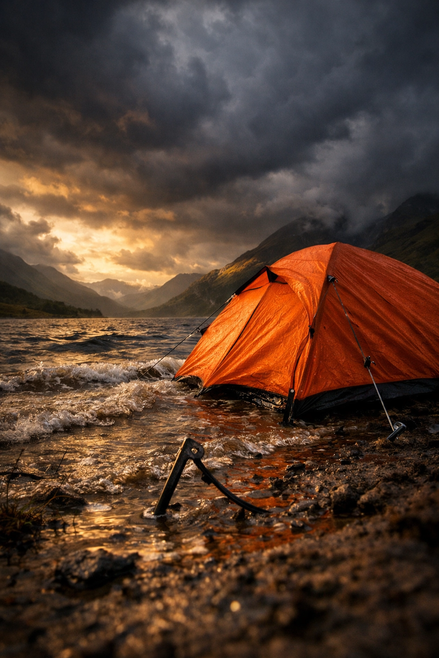 Tent pitched dangerously close to rising water at UK wild camping site showing flooding risk