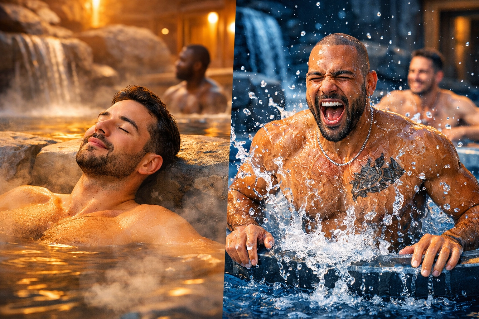 Gay men experiencing hydrotherapy with hot and cold plunge pools at wellness retreat