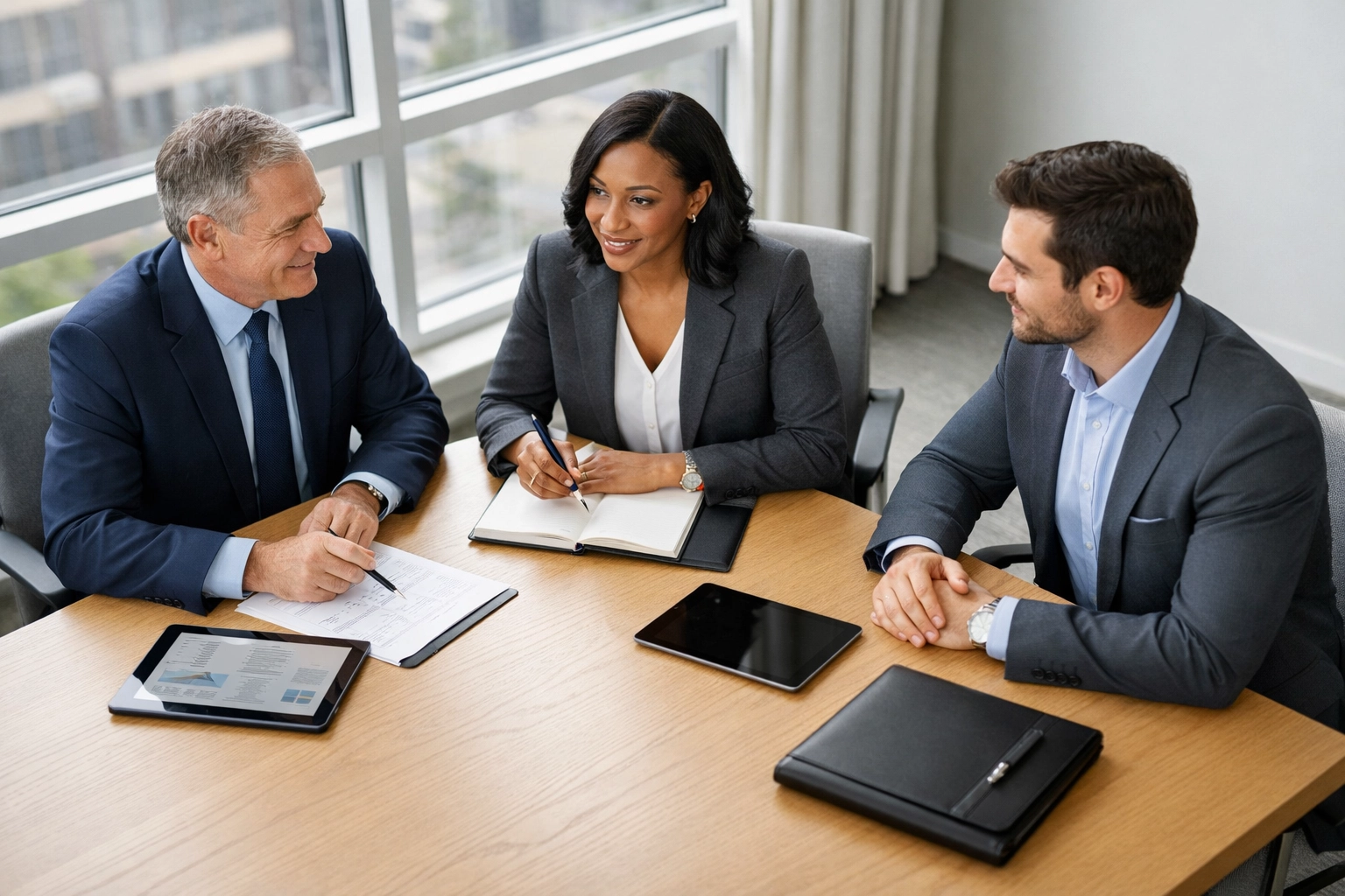 Professional exit planning team in Mississippi discussing a business sale strategy in a sunlit boardroom.