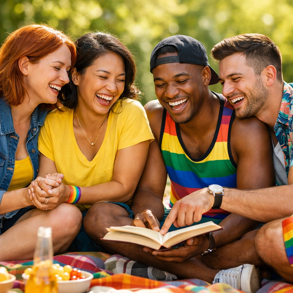 Diverse LGBTQ+ friends laughing in a park while sharing stories, highlighting the joy of queer community and chosen family.