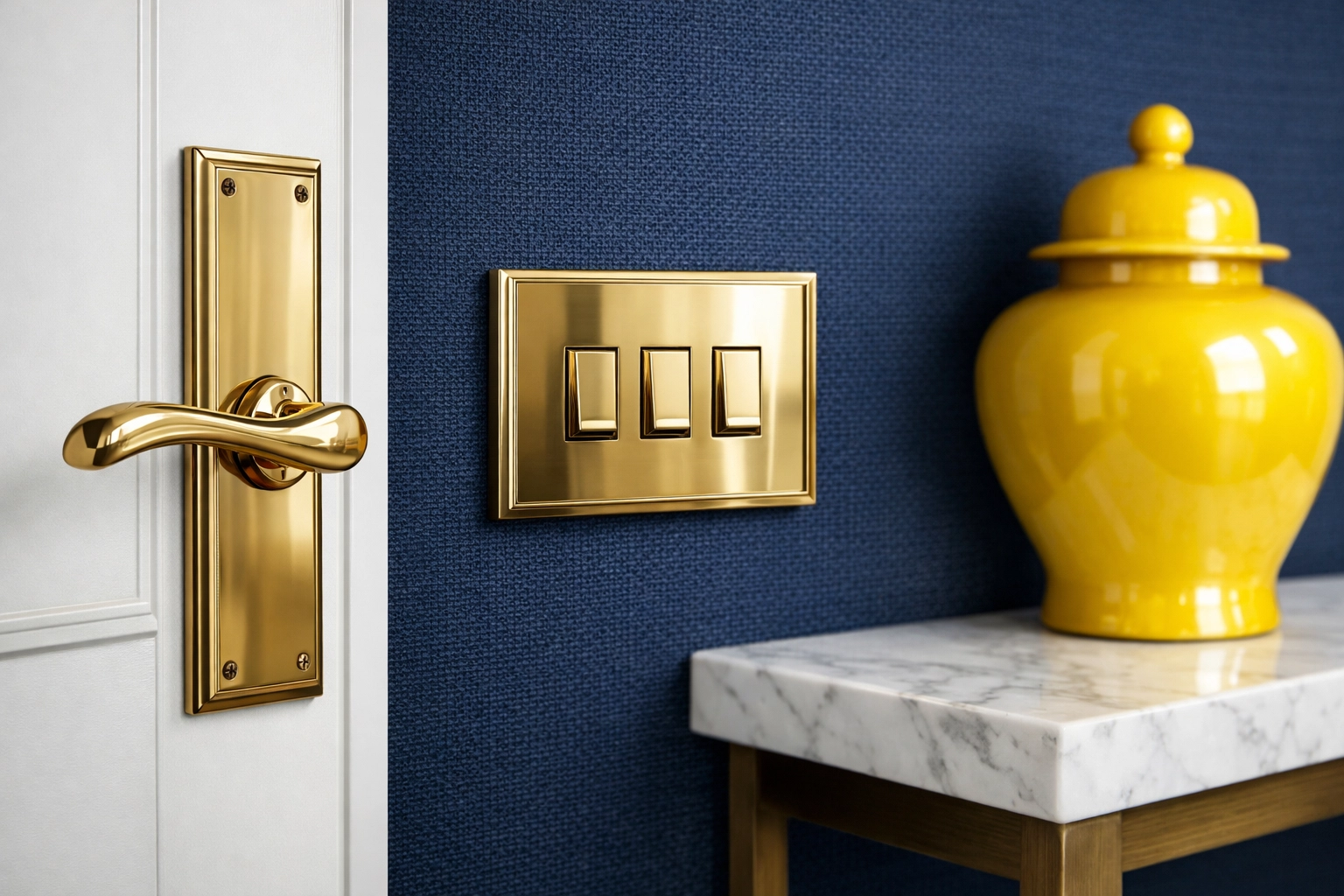Spotless polished brass door handle and light switch plate in a luxury Marblehead residential interior.