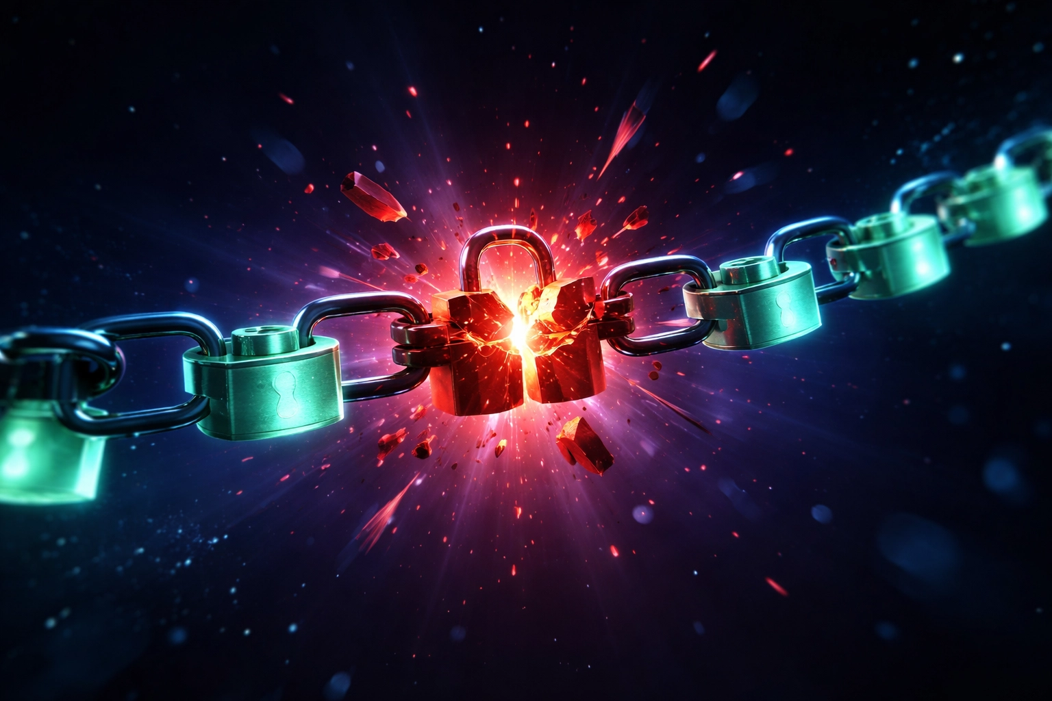 A chain of padlocks breaking apart to illustrate the risks of weak password management and cybersecurity failures.