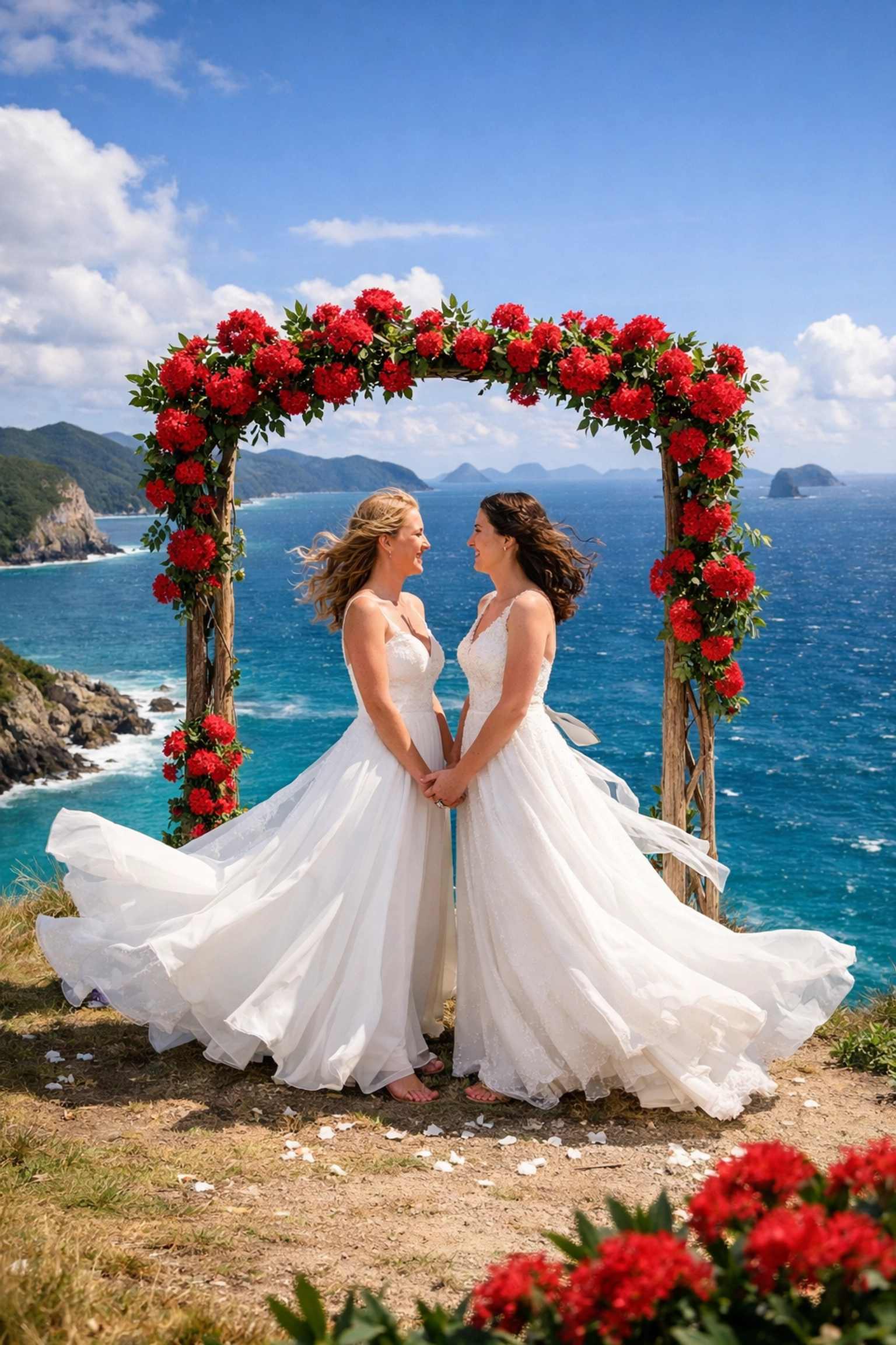 A beautiful lesbian wedding on a New Zealand cliffside decorated with red pōhutukawa flowers.
