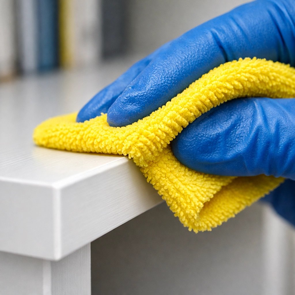 Detailed post-construction cleaning in MA removing fine dust from custom built-in cabinetry and shelves.