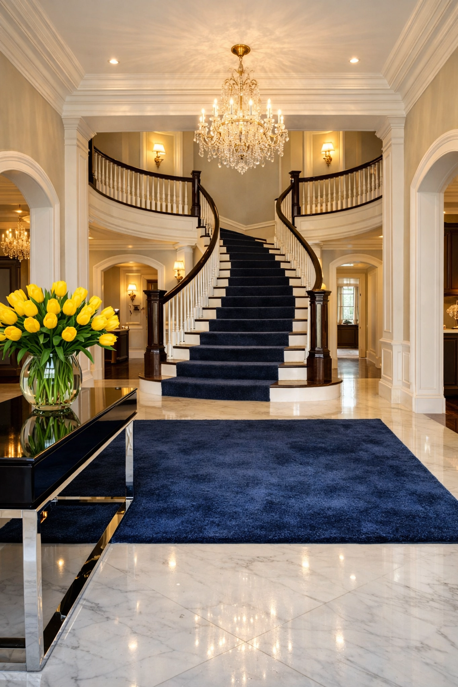 Sparkling grand foyer in a Dover mansion maintained by expert residential cleaning Massachusetts teams.