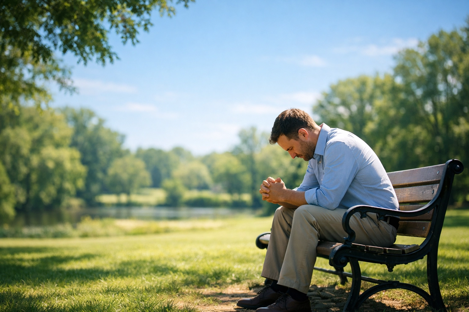 A man finds peace and strength through prayer in a park, reflecting FA Memphis ministry values.