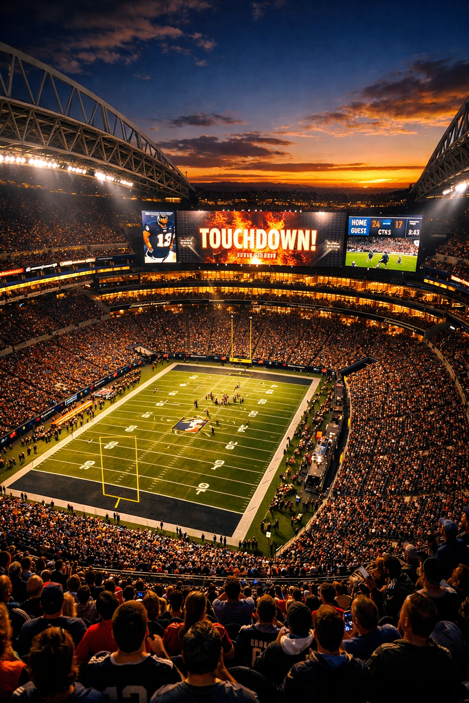 Professional sports stadium at night showcasing LED video boards and premium venue experience