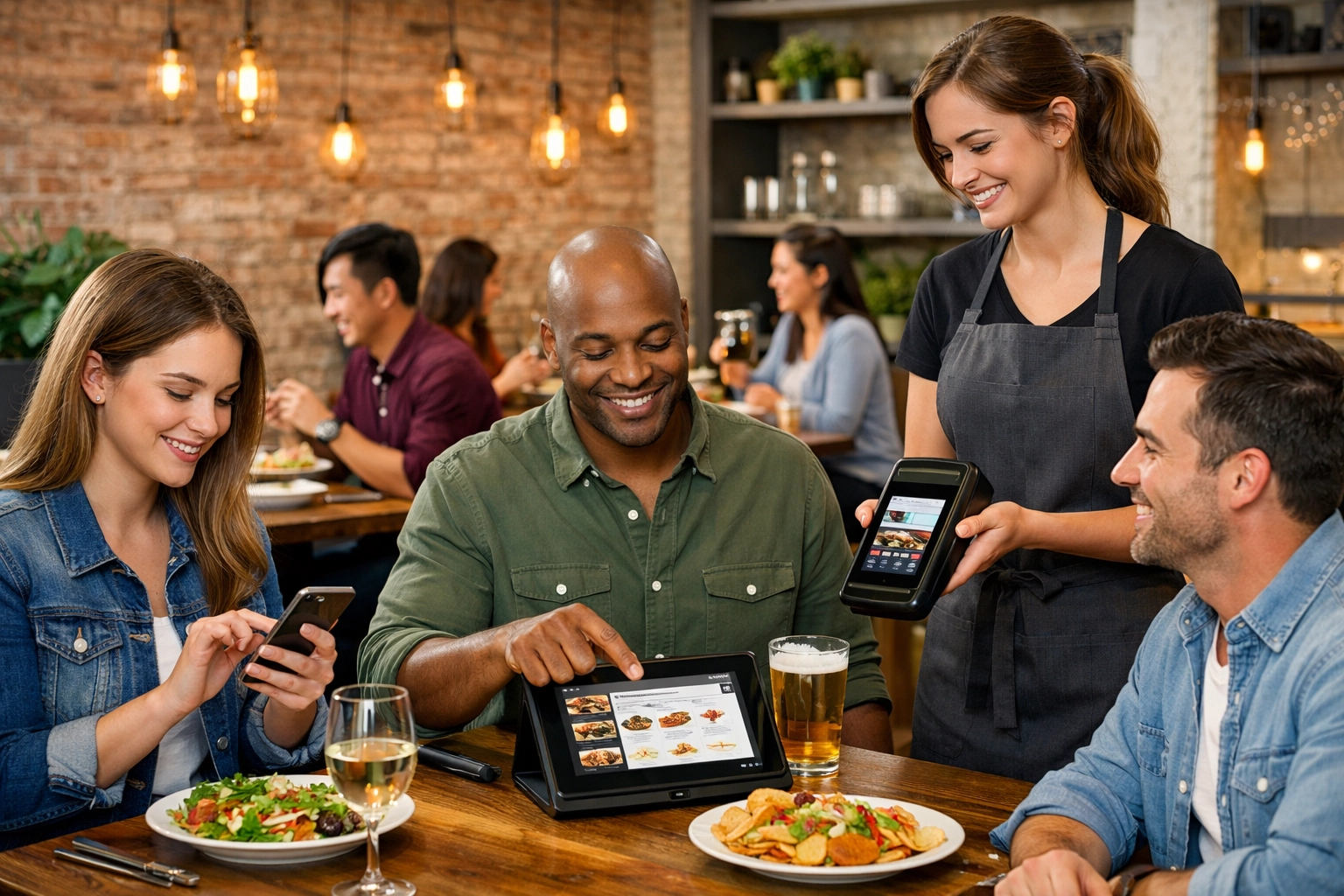 Restaurant guests using mobile ordering and technology for seamless dining experience