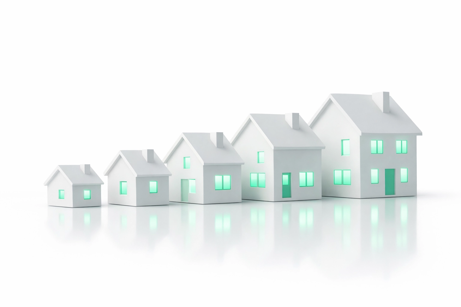 Row of house models increasing in size symbolizing rapid real estate portfolio scaling.