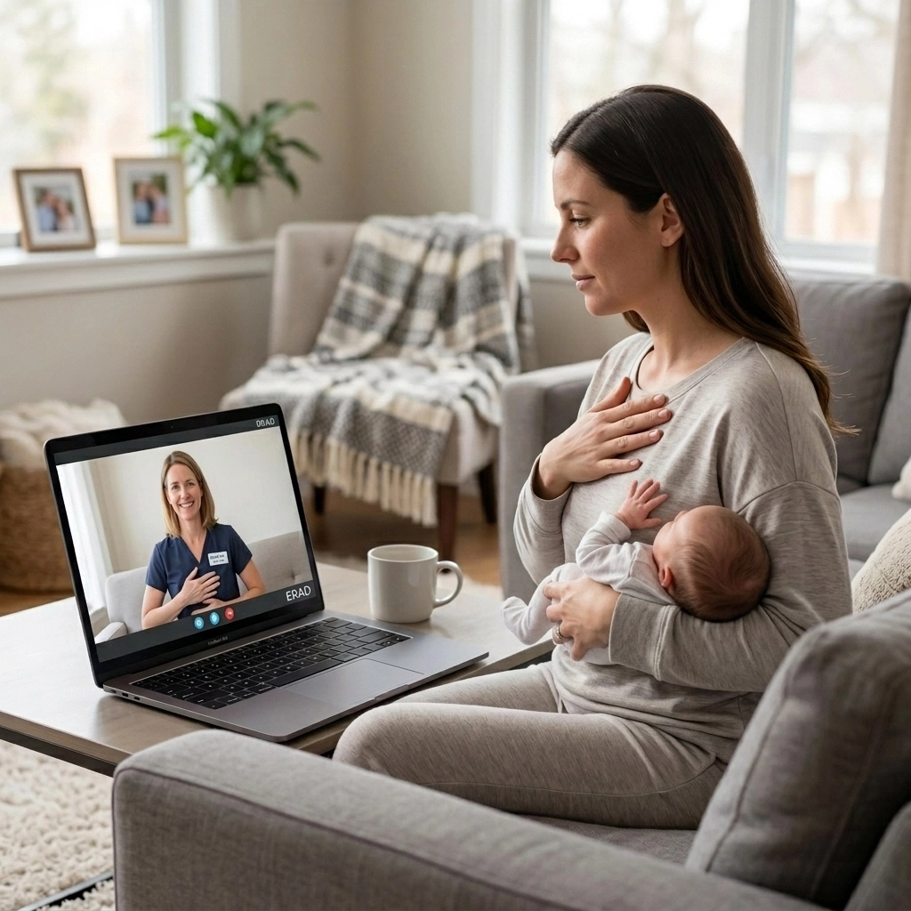 Telehealth occupational therapy session for postpartum recovery