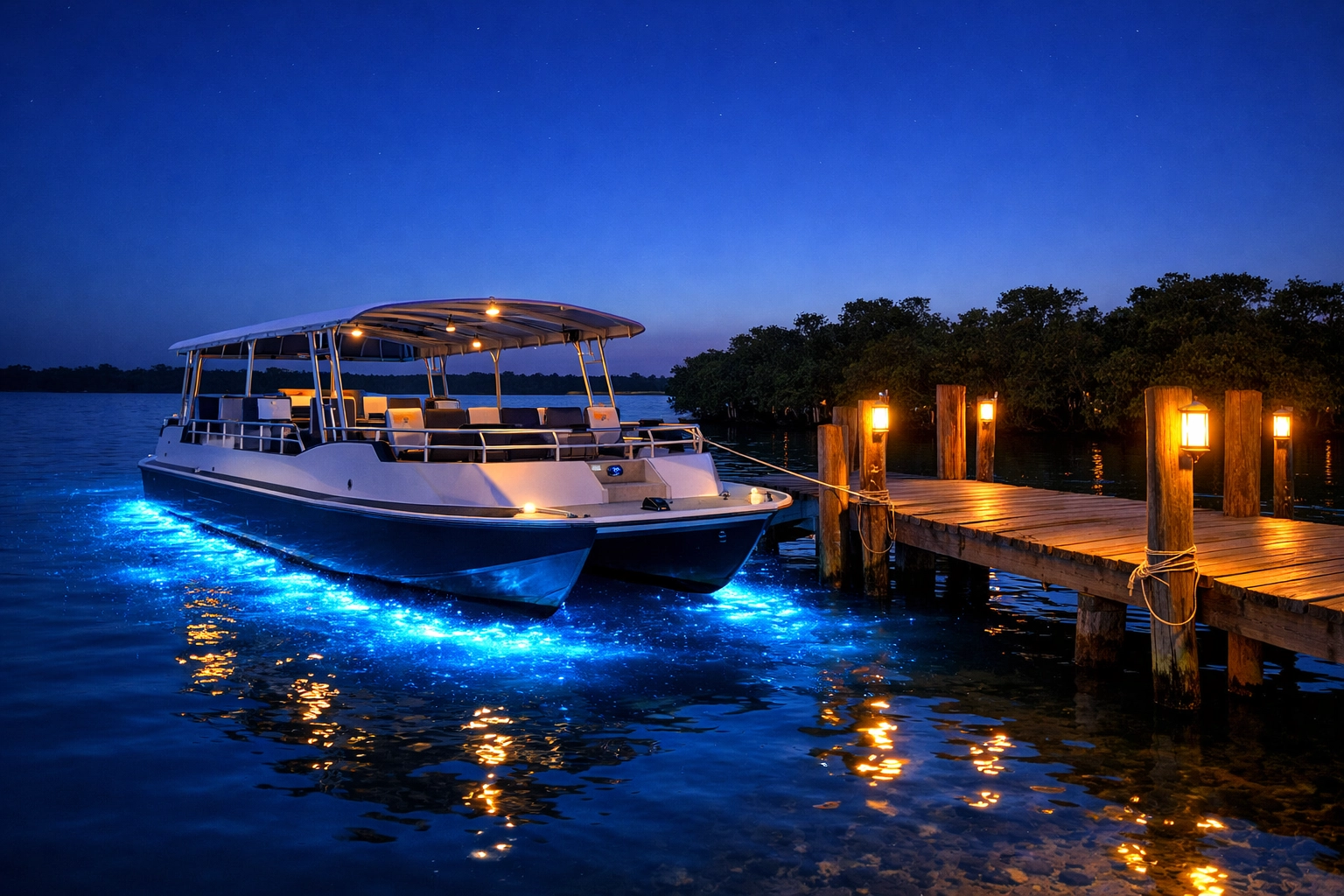 Tour boat docked in the Indian River Lagoon with glowing blue bioluminescence in the water at night.
