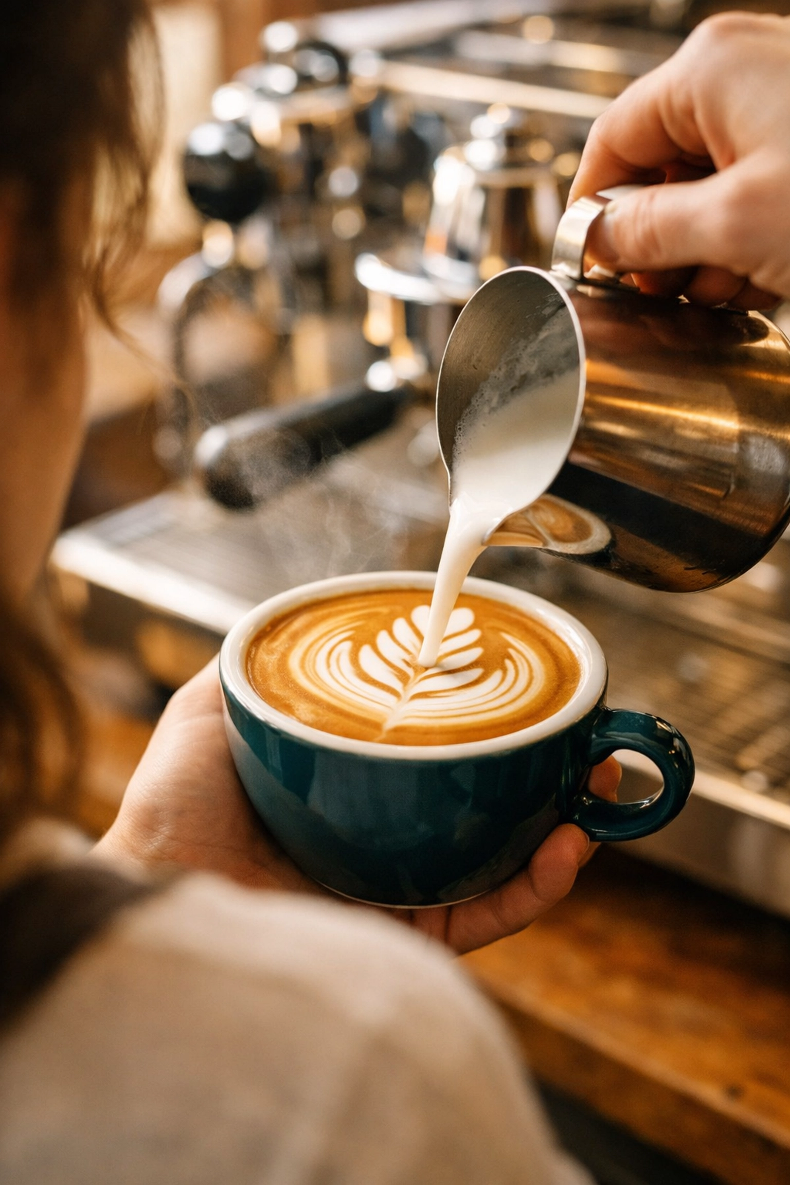 Professional barista pouring latte art into a ceramic cup, demonstrating skills from coffee supplier training.