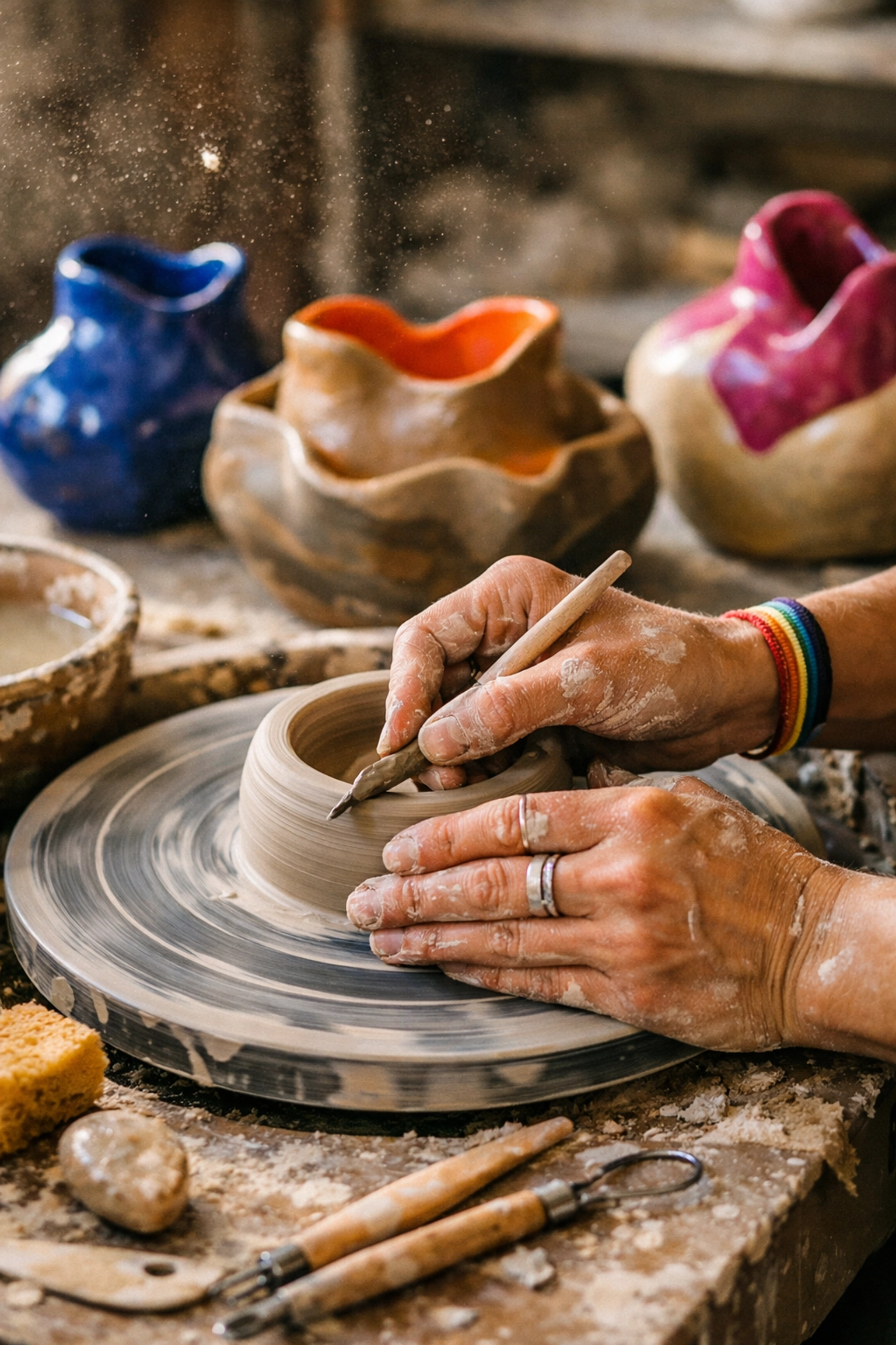 Queer artist hands shaping ceramic art on pottery wheel in creative studio workspace