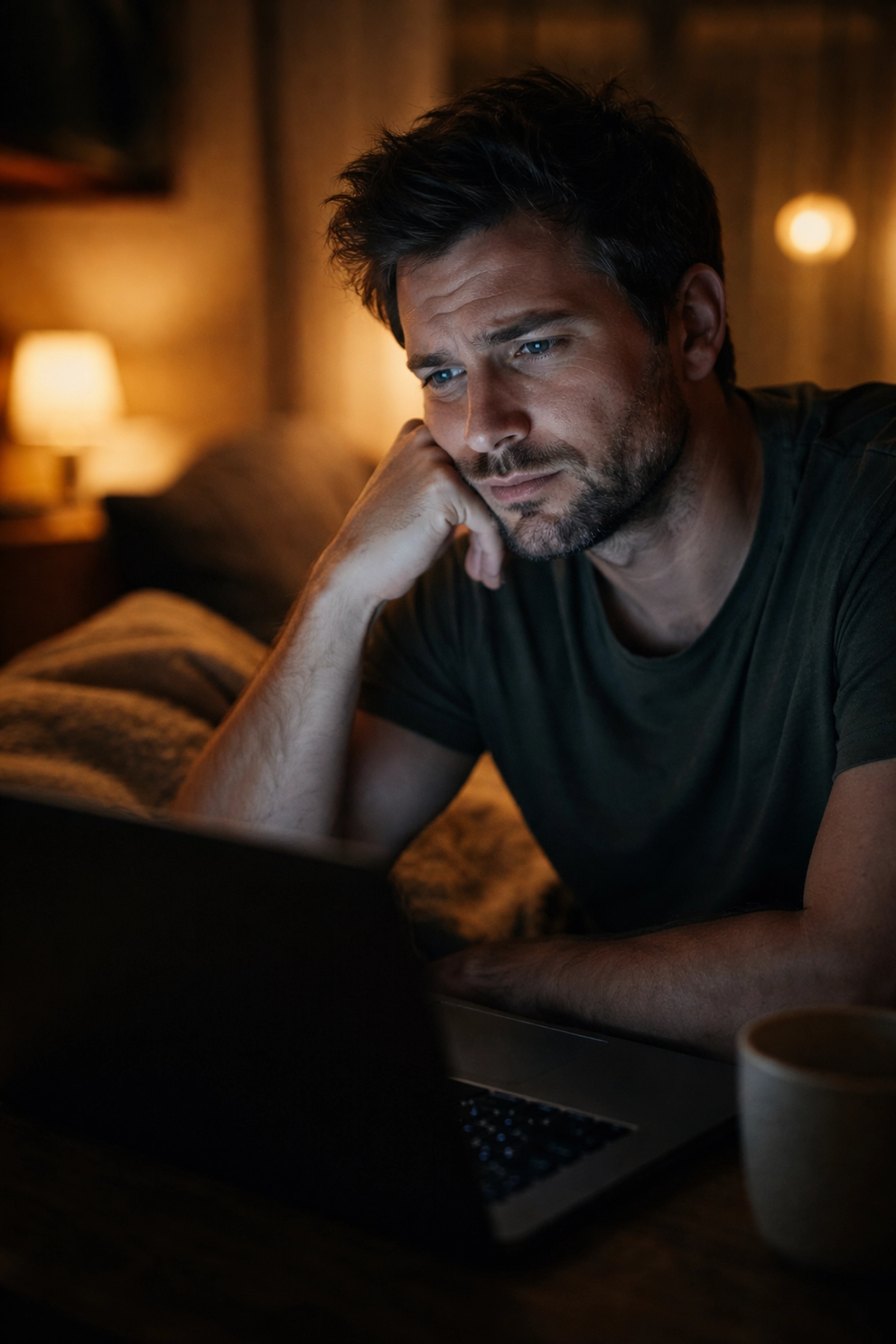 Férfi ül késő este a laptop előtt, aggódva kutat megoldást a merevedési zavarra az interneten.