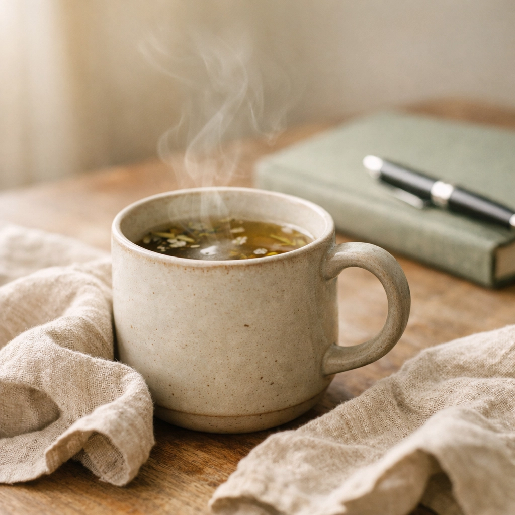 Soothing herbal tea and journal for perimenopause bloating help and digestive support.