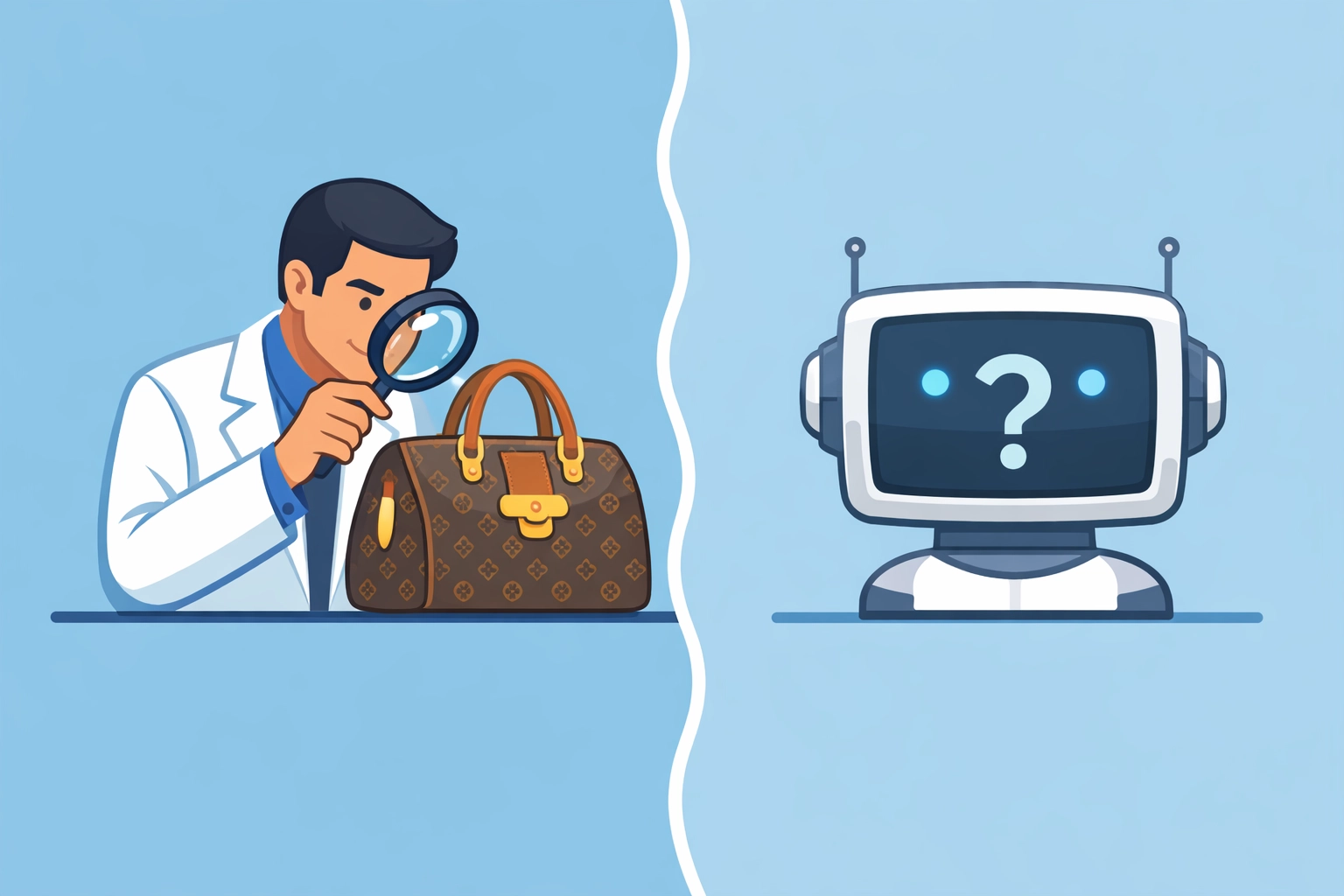 Expert examining a luxury bag vs uncertain AI software, highlighting human authentication accuracy.