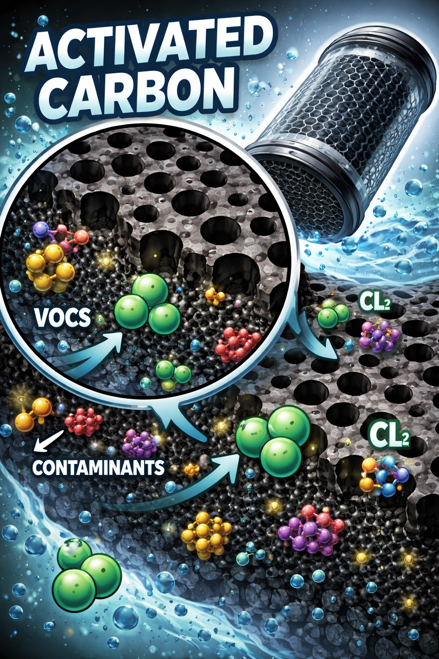 Illustration of activated carbon capturing chlorine and contaminants inside an RV water filter cartridge