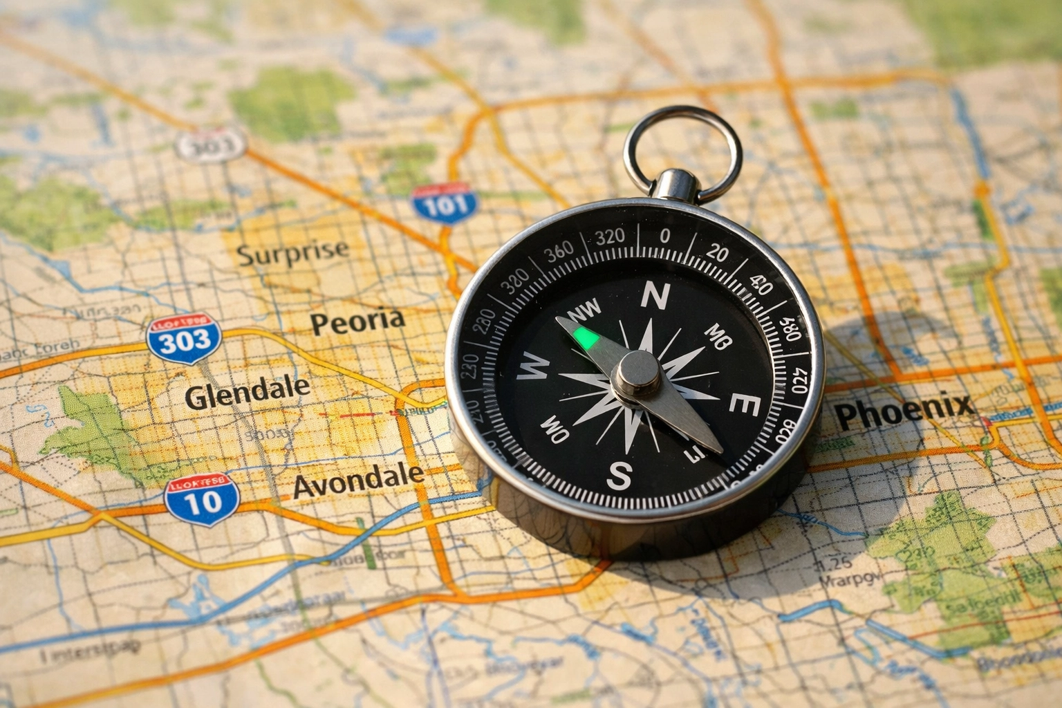 A close-up of a compass on a map of the Phoenix West Valley, representing guidance through heavy real estate choices.
