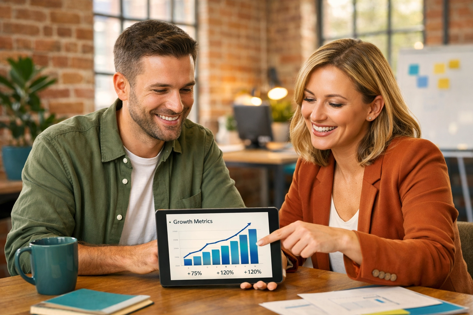 Marketing professionals at a Yorkshire agency reviewing website ROI and sales performance graphs.