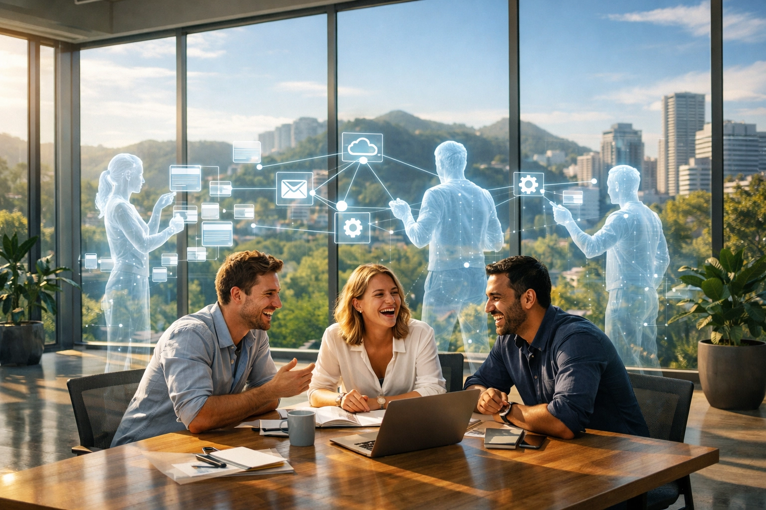 Entrepreneurs collaborant dans un bureau moderne grâce à l'automatisation IA.