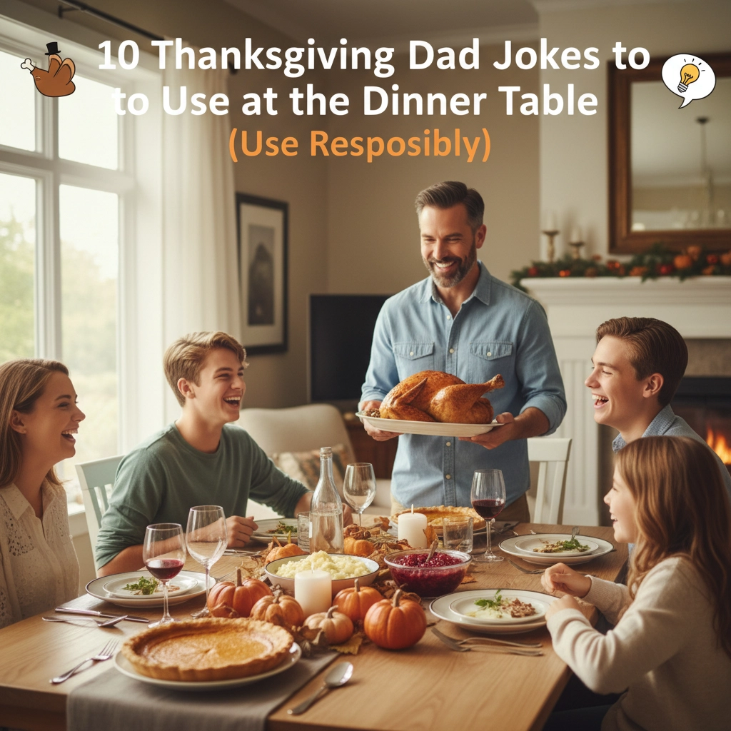 Family gathered around a Thanksgiving dinner table, laughing at a dad joke.