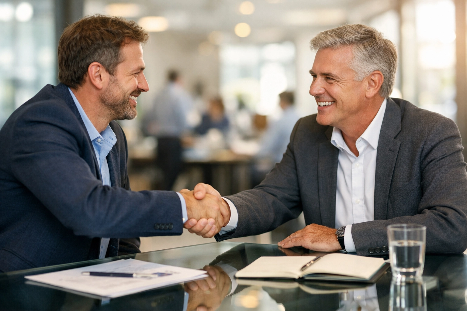 Business leader and ServiceNow implementation partner shaking hands to finalize a strategic project.