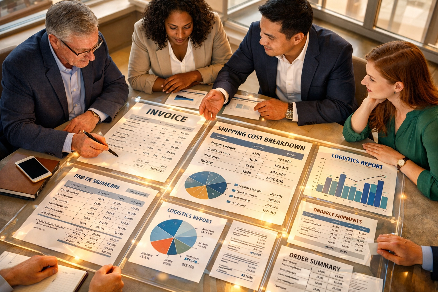 Procurement team reviewing transparent shipping cost breakdowns and documentation
