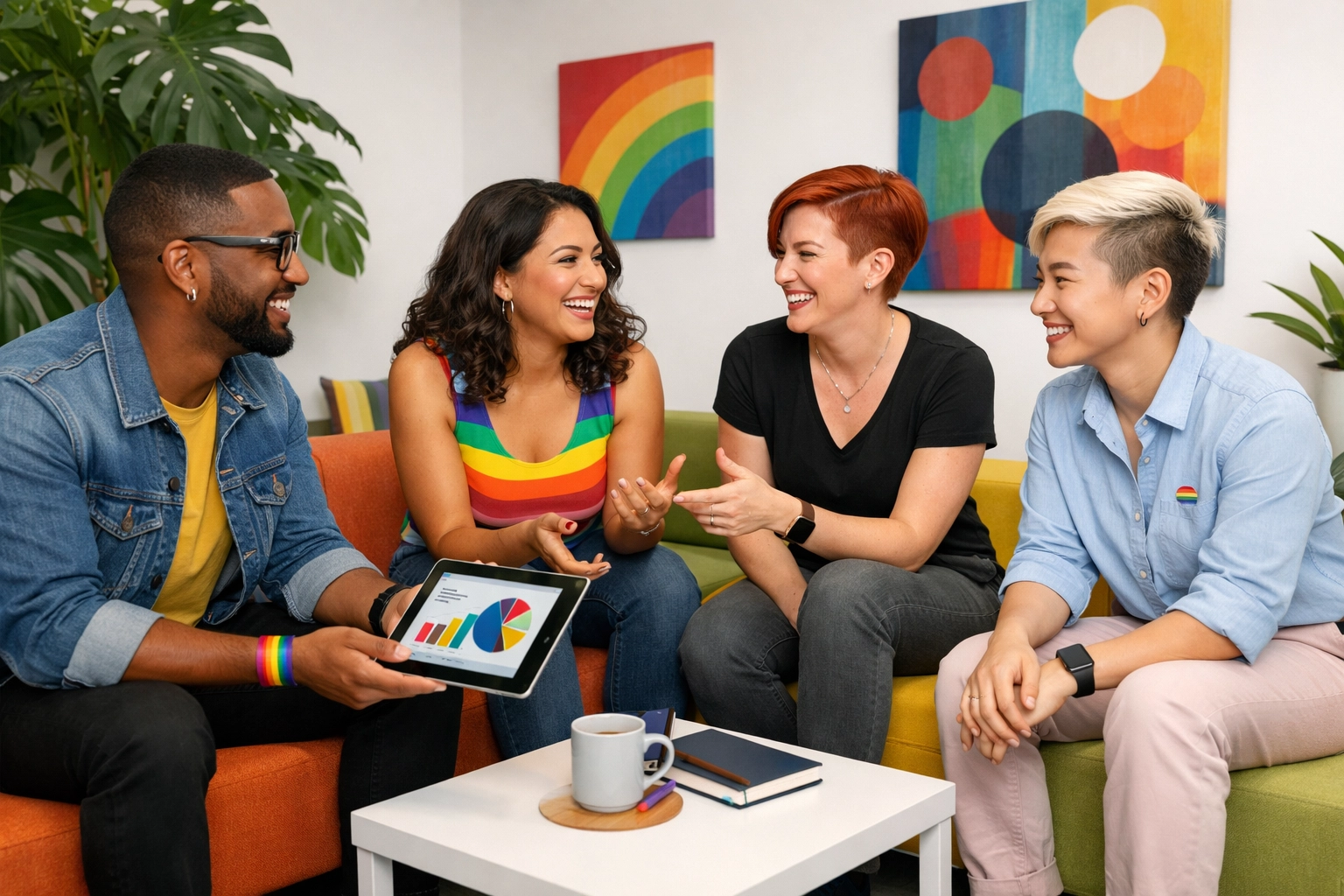 Diverse queer professionals collaborating in a modern office to build inclusive connections and team trust.