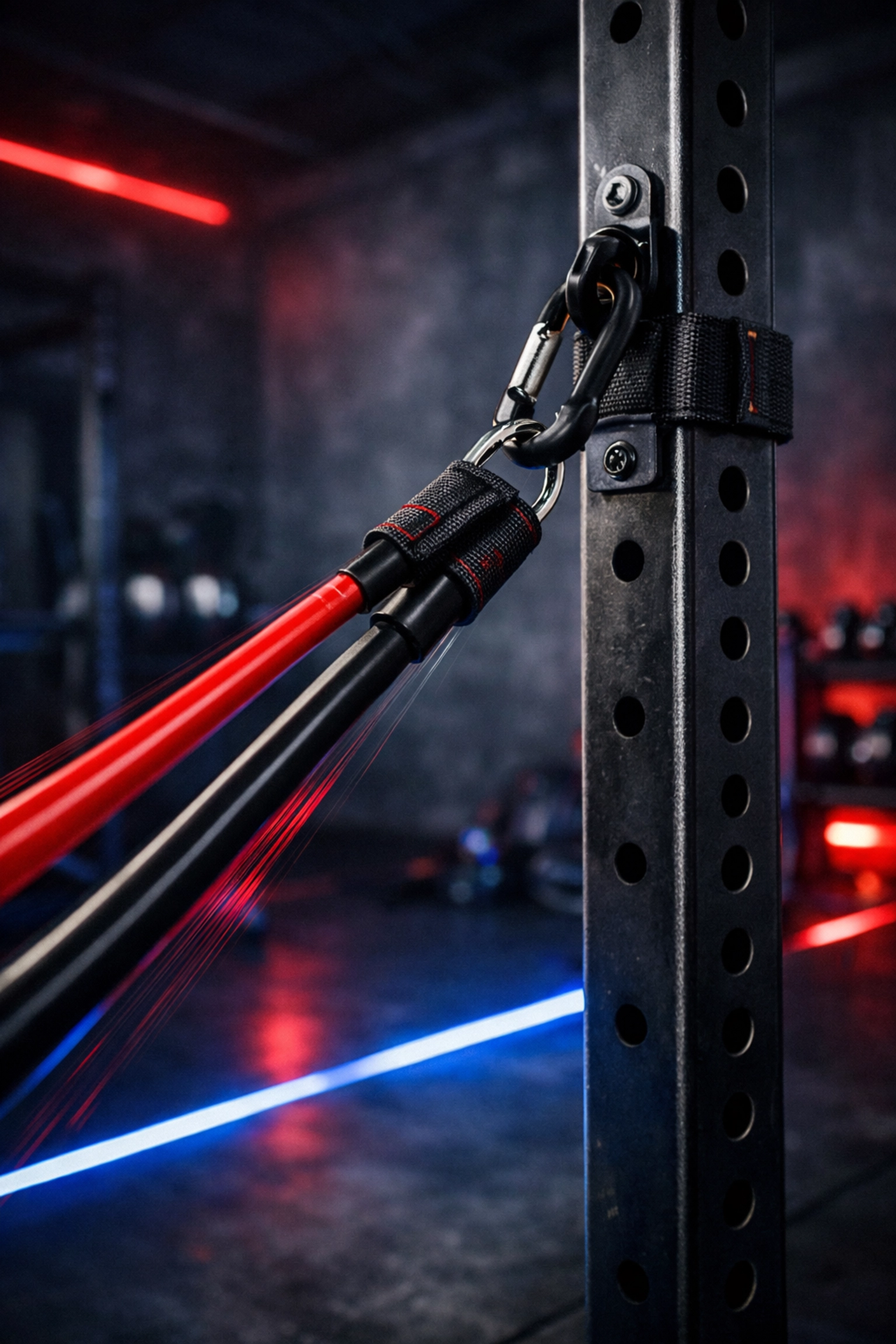 High-tension bands on a no wall damage workout system for intense home resistance training.