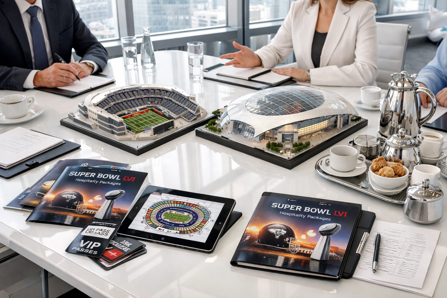 The Ultimate Guide to Super Bowl Corporate Hospitality: How Executives Maximize Brand Visibility at America's Biggest Sporting Event Super Bowl corporate hospitality planning session with stadium models