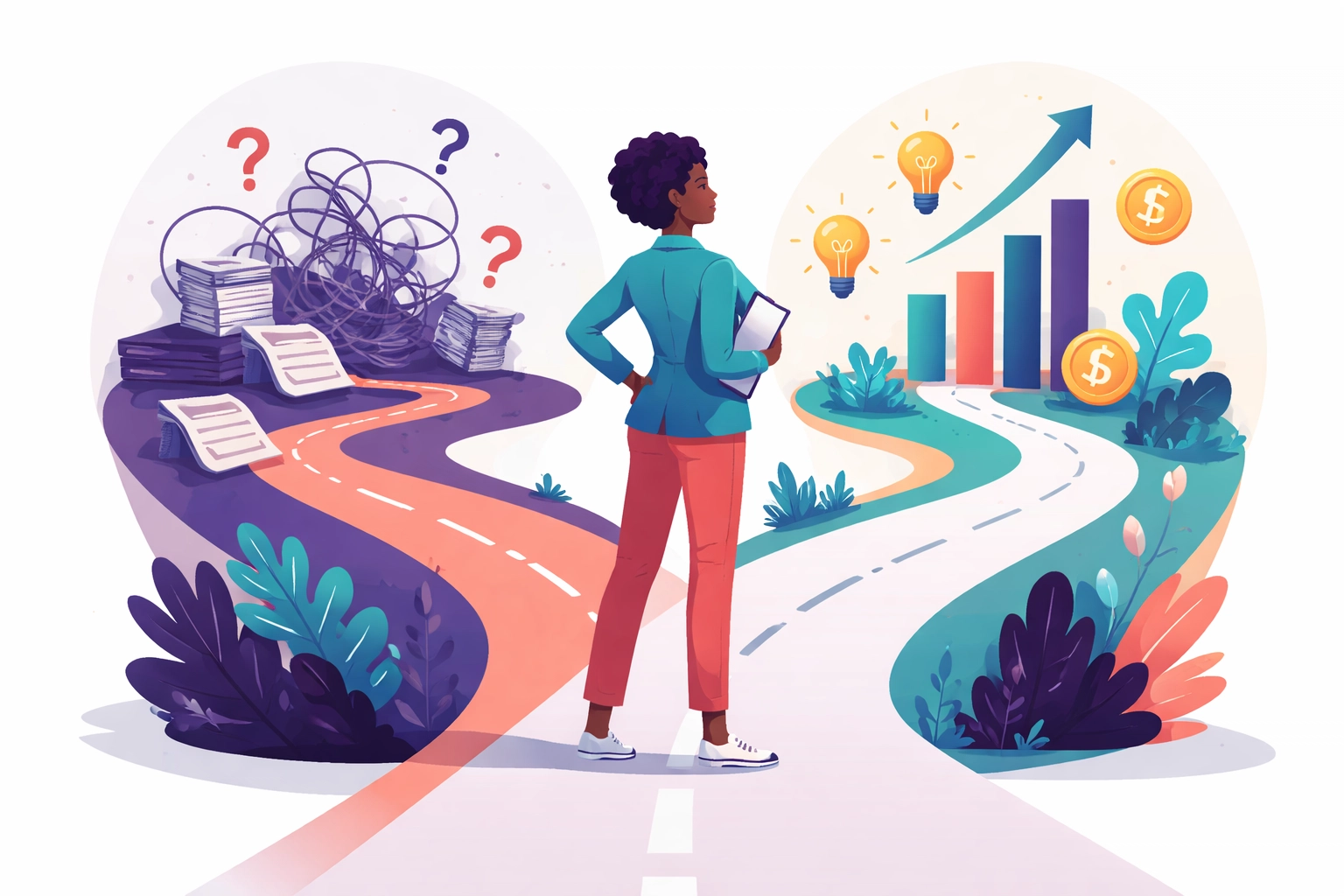 Flat design of a business owner at a crossroads, with one path leading to paperwork and another to growth, symbolizing choosing virtual accounting for success.