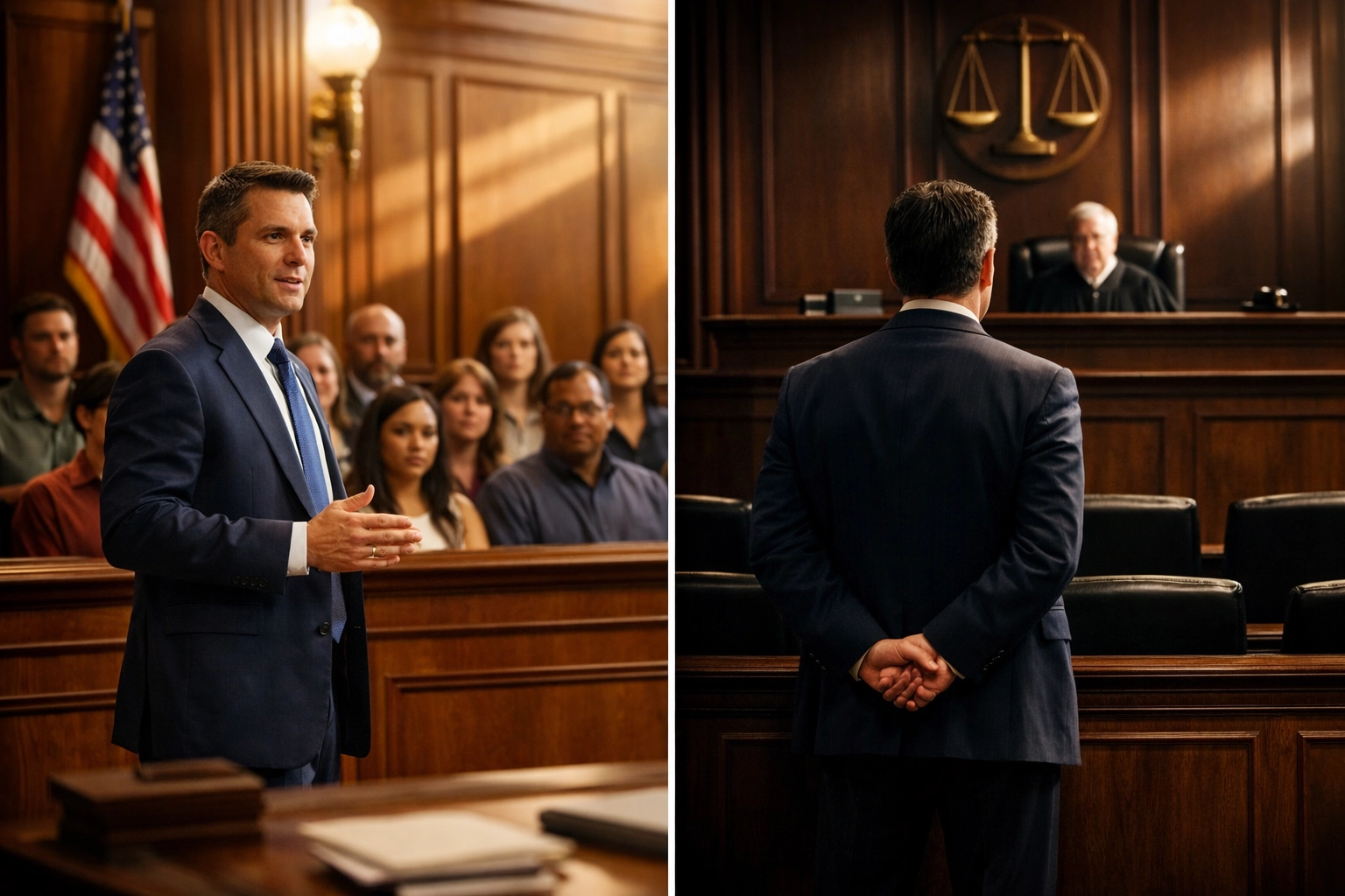 Courtroom comparison showing criminal trial with jury versus probation revocation hearing