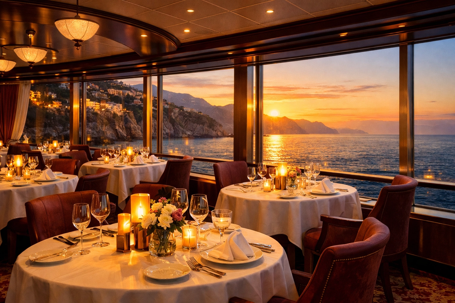 Elegant cruise ship specialty dining restaurant with ocean views and Mediterranean coastline