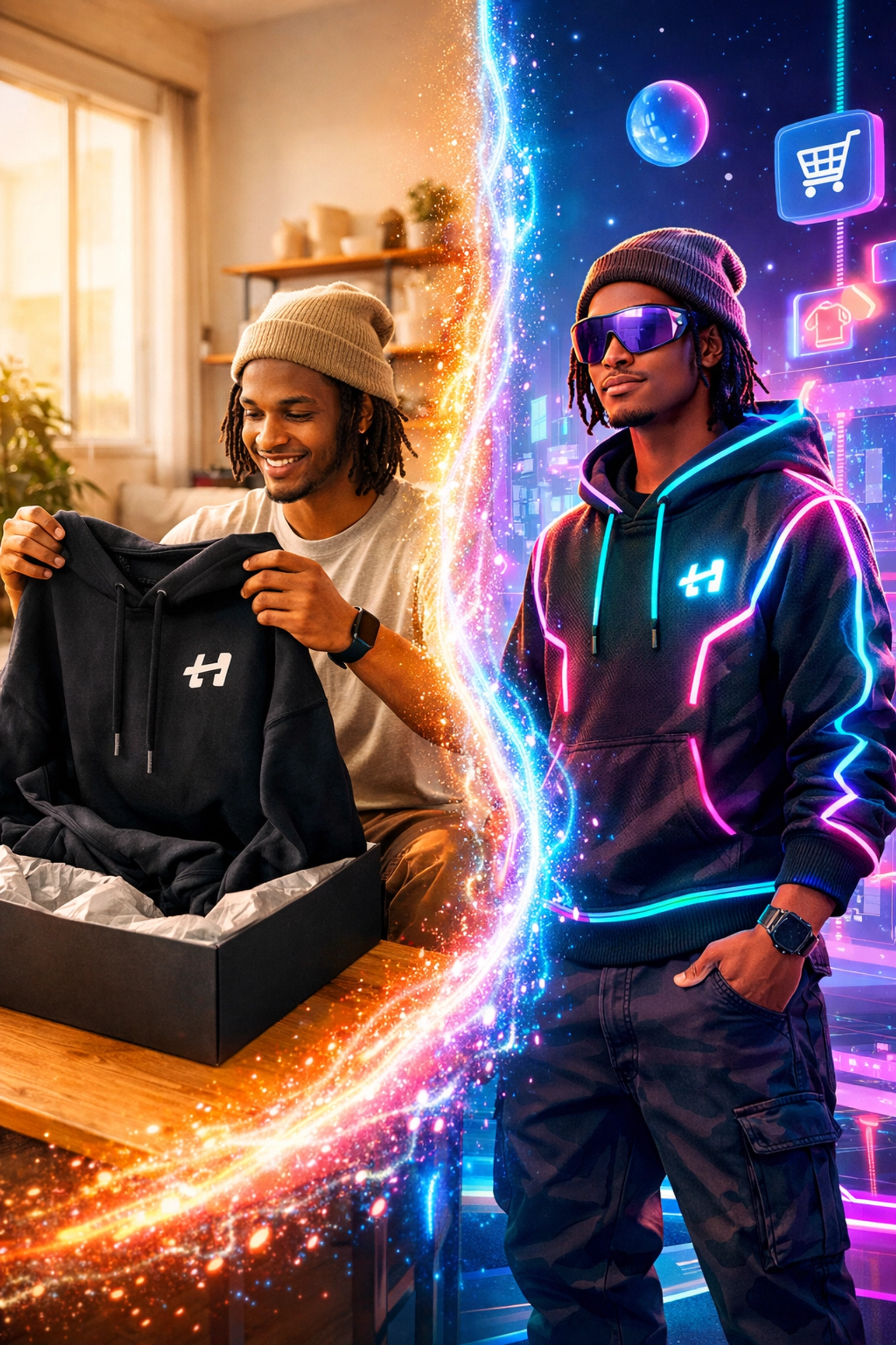 Comparison of physical apparel and its digital metaverse counterpart illustrating Larecoin's phygital commerce model.